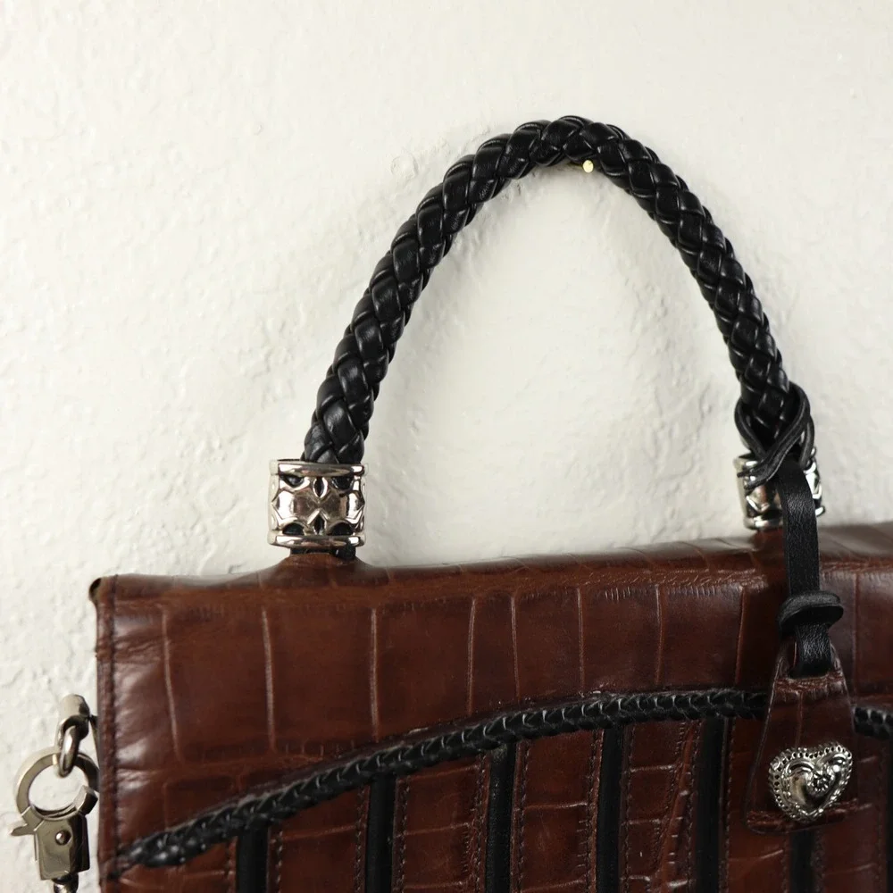 Mark Chantal Y2K 90s Dark Brown Croc Embossed Handbag Heart Charm Clutch Crssbdy